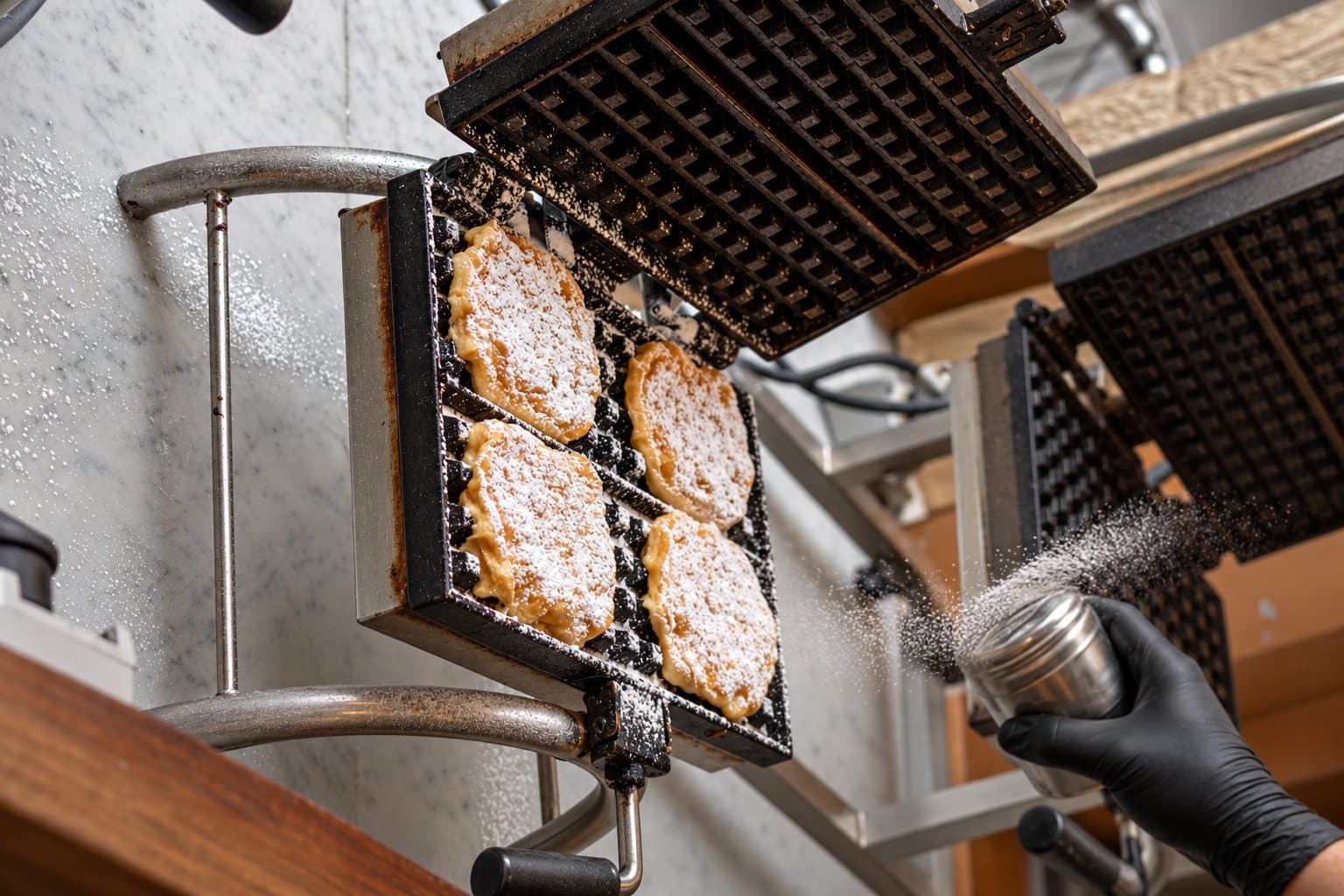 A hand dusting freshly baked Liège waffles with powdered sugar straight from the waffle iron at Le Roi de la Gaufre